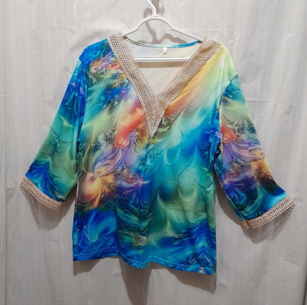 Multi Color Lace Trim 3/4 Sleeve Lace V Neck Size L Unbranded Pre-owned
